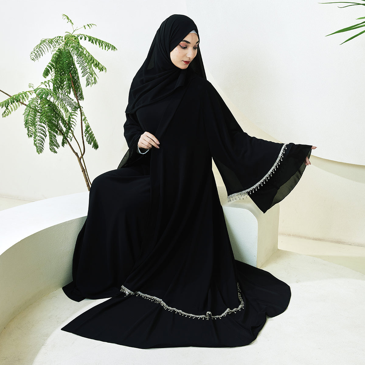 Elegant Chiffon Diamond Tassels Abaya Four - piece Set(NCS001)