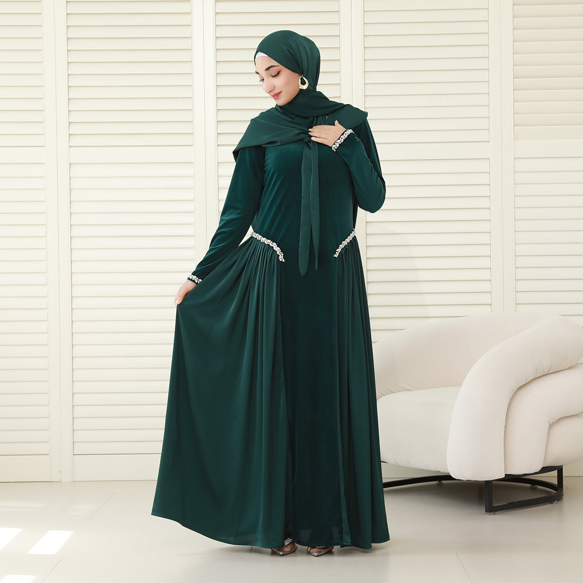 Navy Collar Velvet Satin Abaya Set with Hijab – Fall Modest Fashion (NCS016)