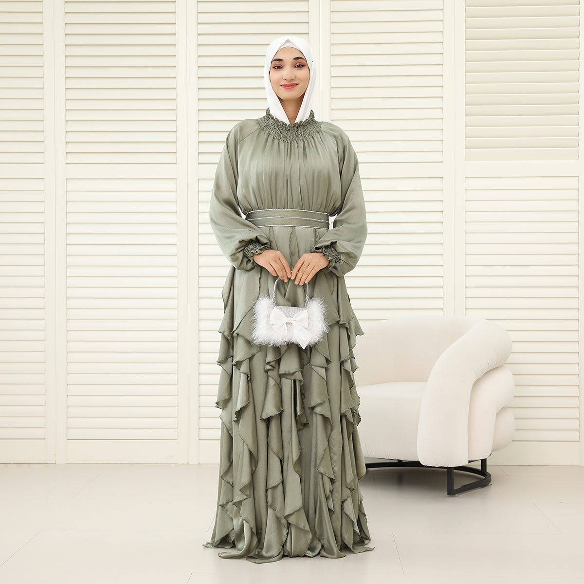 3-Piece Pleated Satin Ruffle Abaya with Crystal Belt & Hijab (NCS015)
