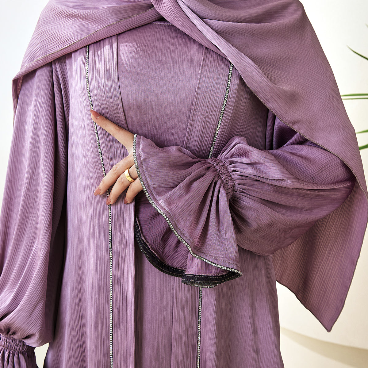 3-Piece Ruffle Sleeve Haiya Abaya Set with Sparkling Rhinestone (NCS006)