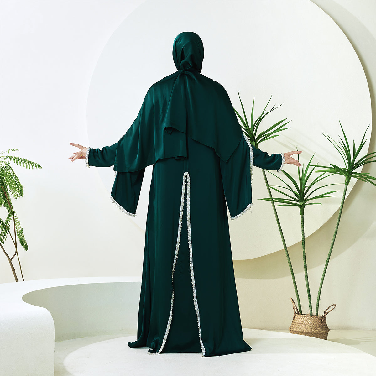 Rhinestone-Trim Inner Dress & Zippered Cape Abaya Set – Pre-Order (NCS011)