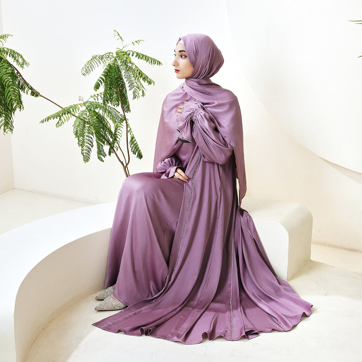 3-Piece Ruffle Sleeve Haiya Abaya Set with Sparkling Rhinestone (NCS006)