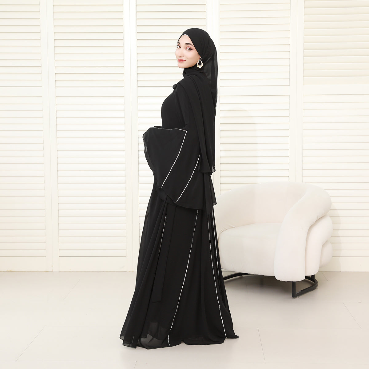 Elegant Bell Sleeve Maxi Abaya with Matching Hijab – Flowing Chiffon with Silver Trim(NCS019)