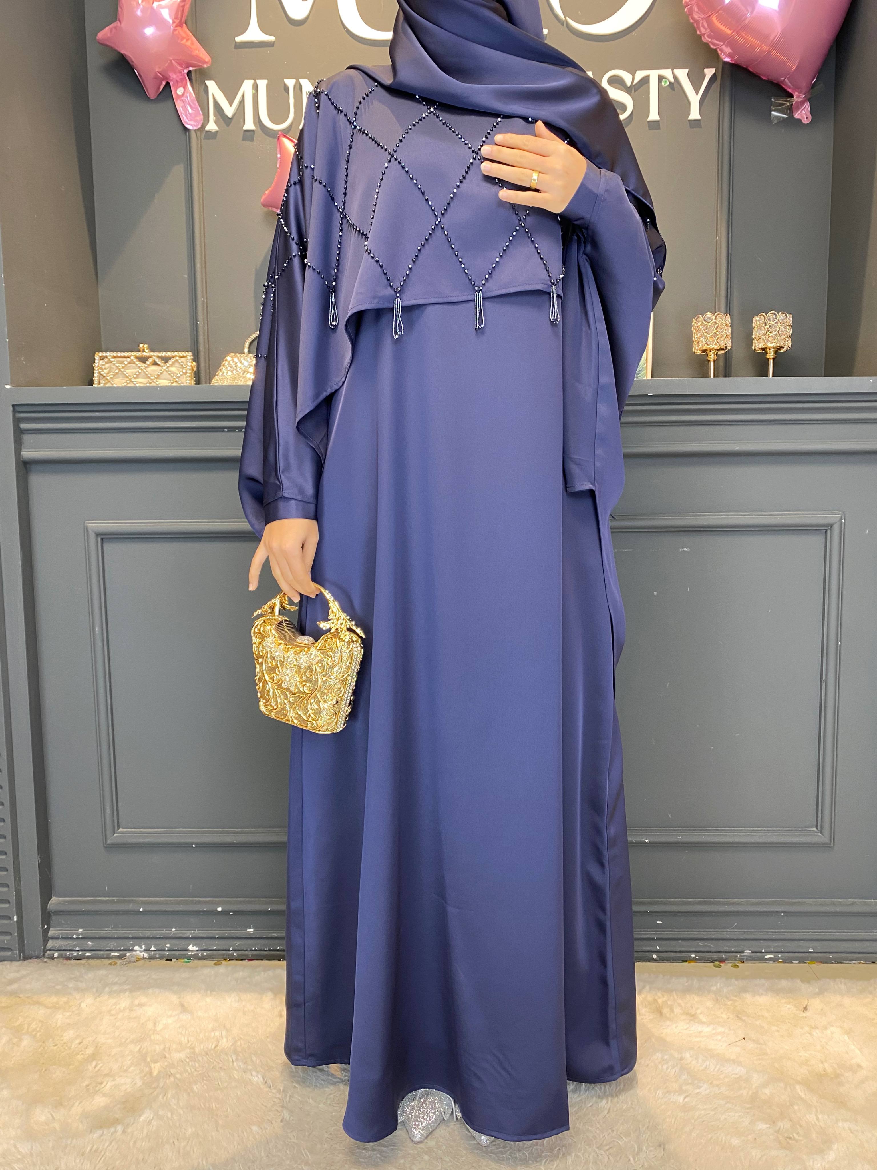 Ramadan 3-Piece Satin Abaya Set – Handmade Beaded Open Abaya with Inner Dress & Hijab (NCS021)