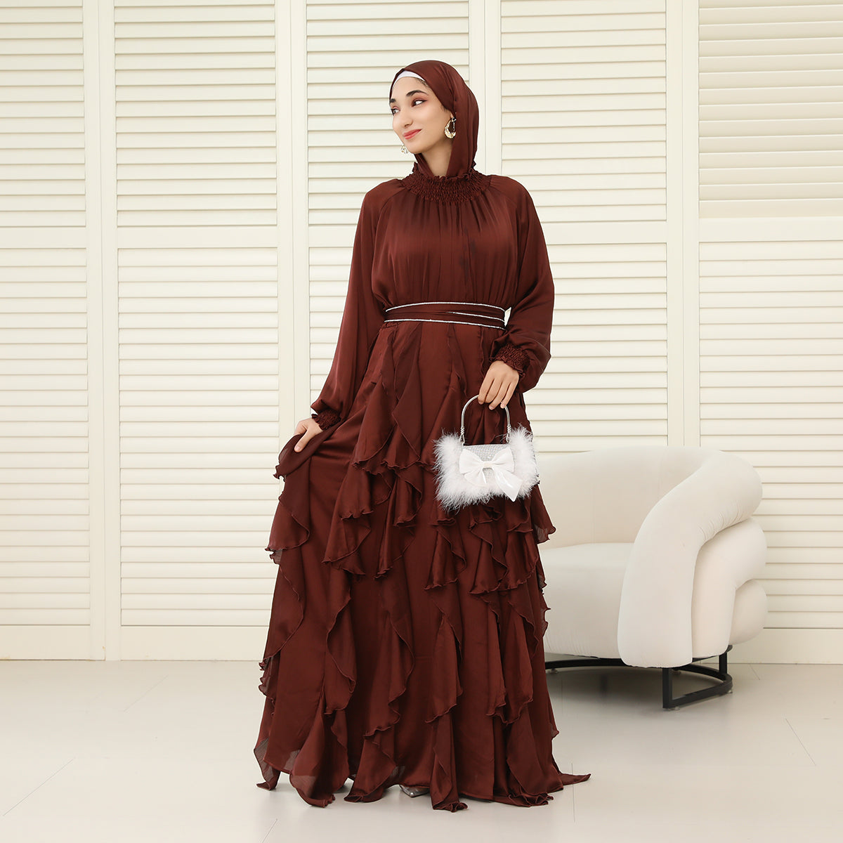 3-Piece Pleated Satin Ruffle Abaya with Crystal Belt & Hijab (NCS015)