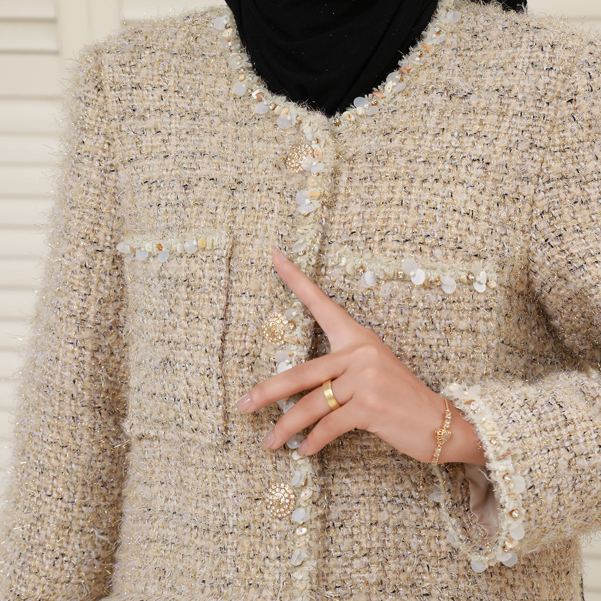 Wool Blend Winter Tweed Abaya Coat with Rhinestone Trim – Elegant Chanel-Inspired Modest Outerwear(NCC001)