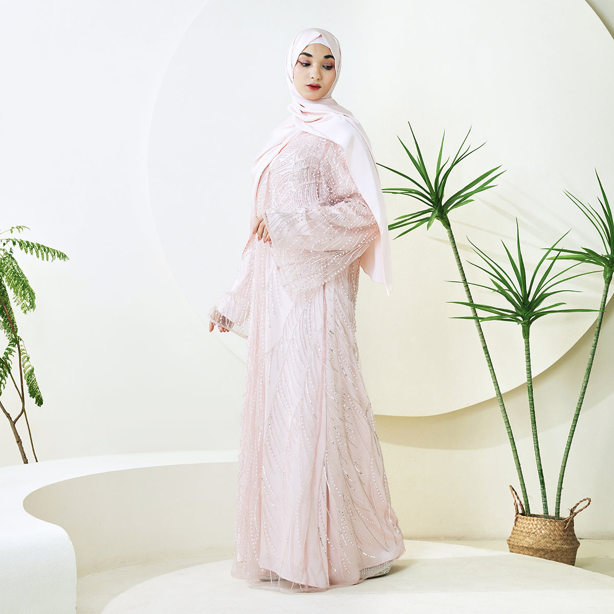 3-Piece Bridal Abaya Set with Pearl‑Embellished Organza Overlay PREORDER(NCS010)
