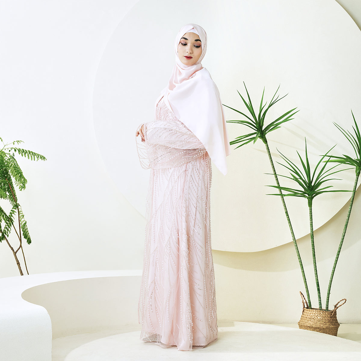 3-Piece Bridal Abaya Set with Pearl‑Embellished Organza Overlay PREORDER(NCS010)