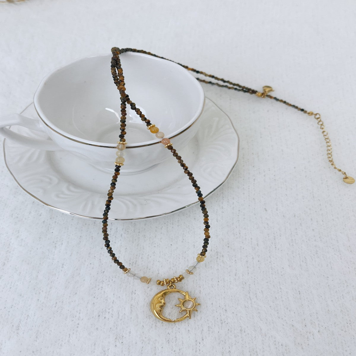 Boho Raw Stone Beaded Necklace with Vintage Sun Pendant – Handmade Natural Gemstone Jewelry for Women(NCJ001)