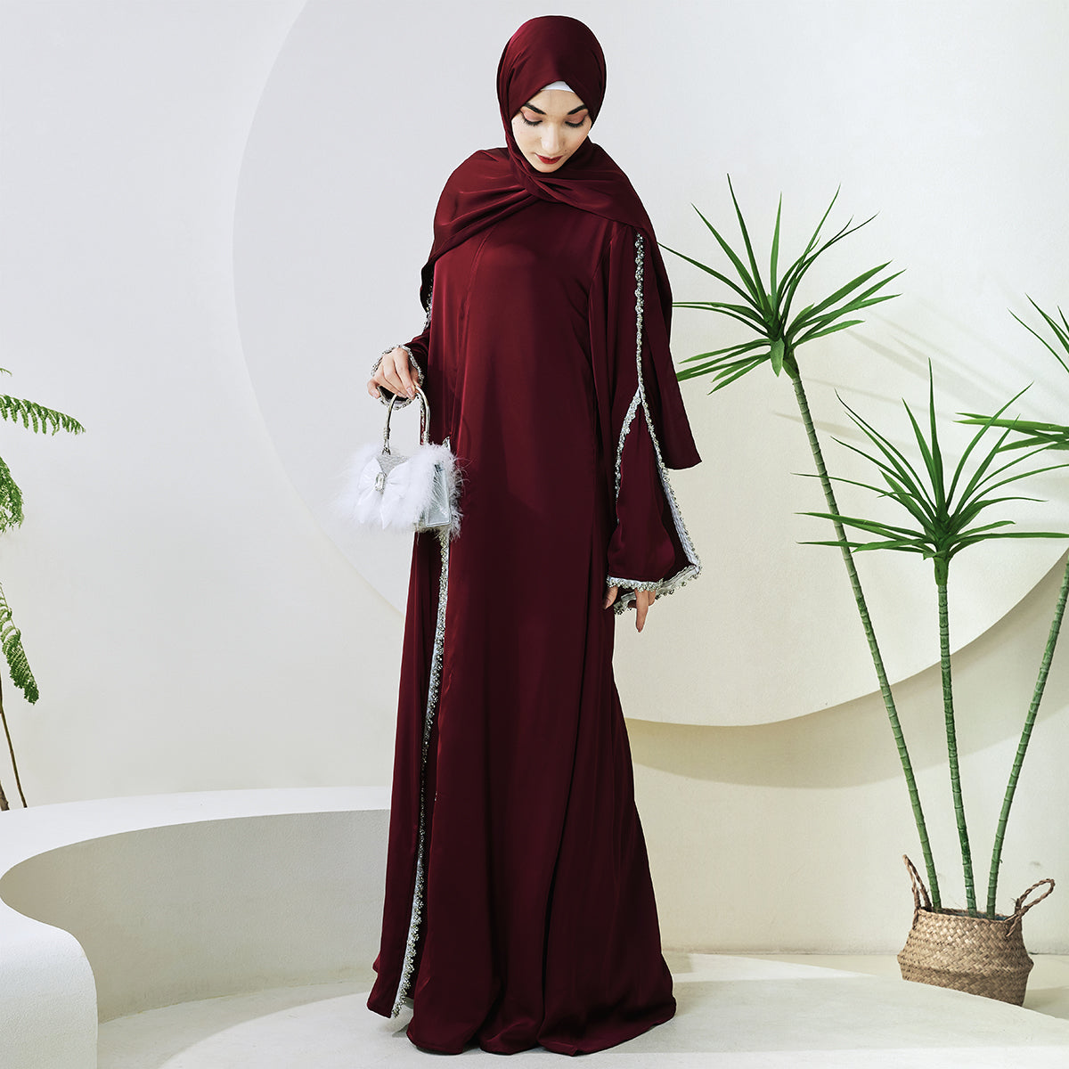 Rhinestone-Trim Inner Dress & Zippered Cape Abaya Set – Pre-Order (NCS011)