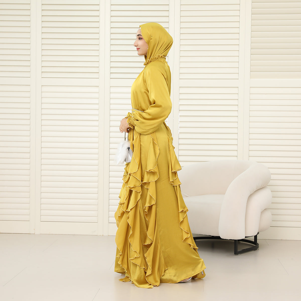 3-Piece Pleated Satin Ruffle Abaya with Crystal Belt & Hijab (NCS015)
