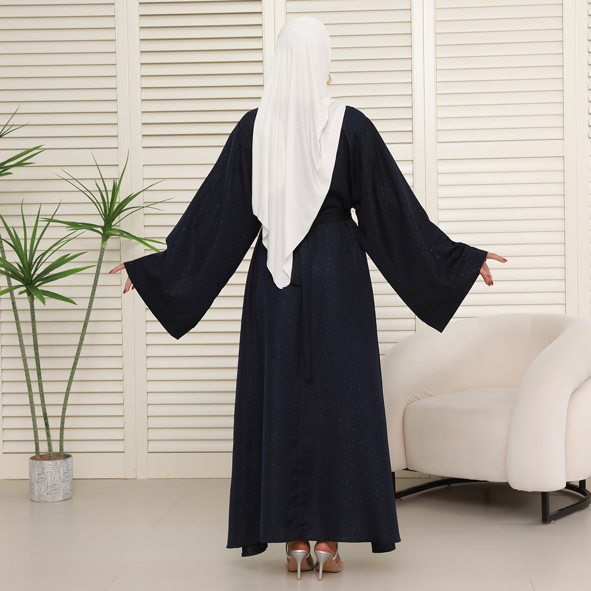 Elegant 3D Jacquard Brocade Belted Maxi Dress Abaya– Luxury Satin Gown for Formal Occasions(NCA019)
