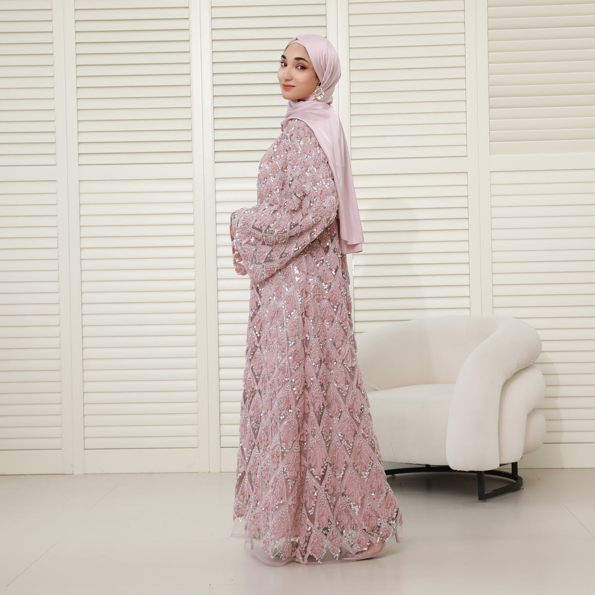 Luxury Bridal-Inspired 4-Piece Abaya Set with Pearl & Crystal Floral Embroidery (NCS017)