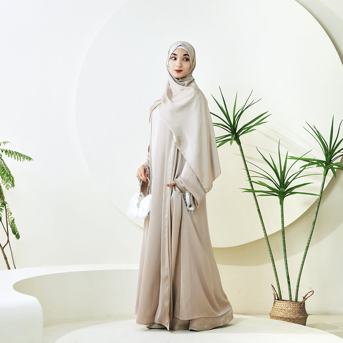 Satin Abaya With Diamond Tassels Belt, 4-Piece Set (NCS004)