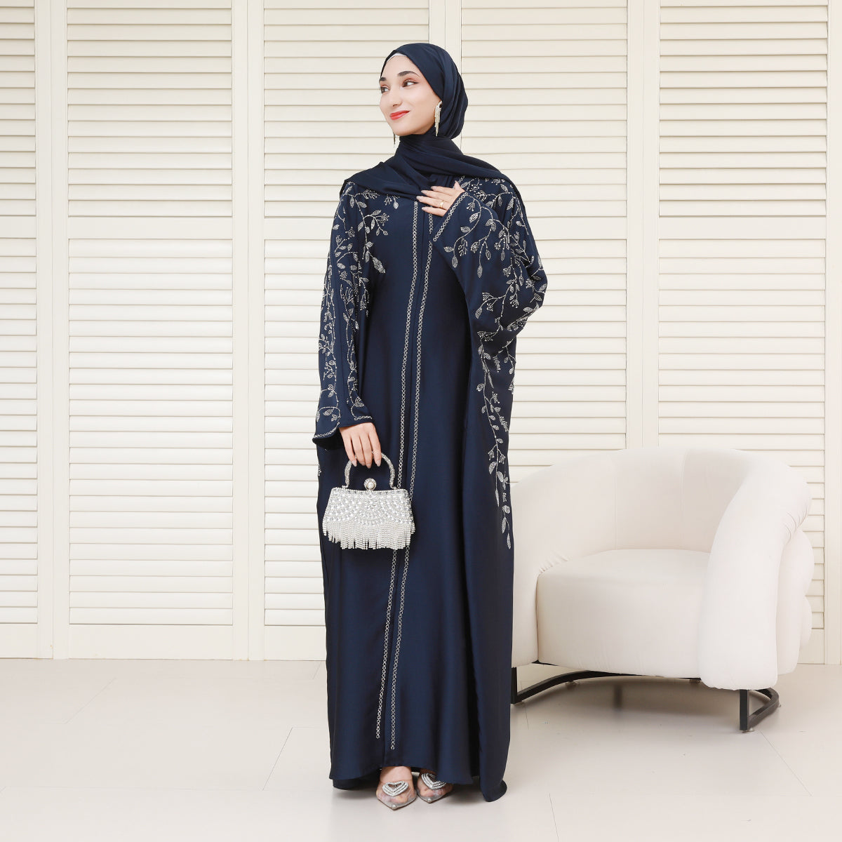 Luxury Rhinestone Zipper Abaya Dress with Built-In Belt and Hidden Snap Cuffs – Modest Maxi Dress with Pockets (NCS020)