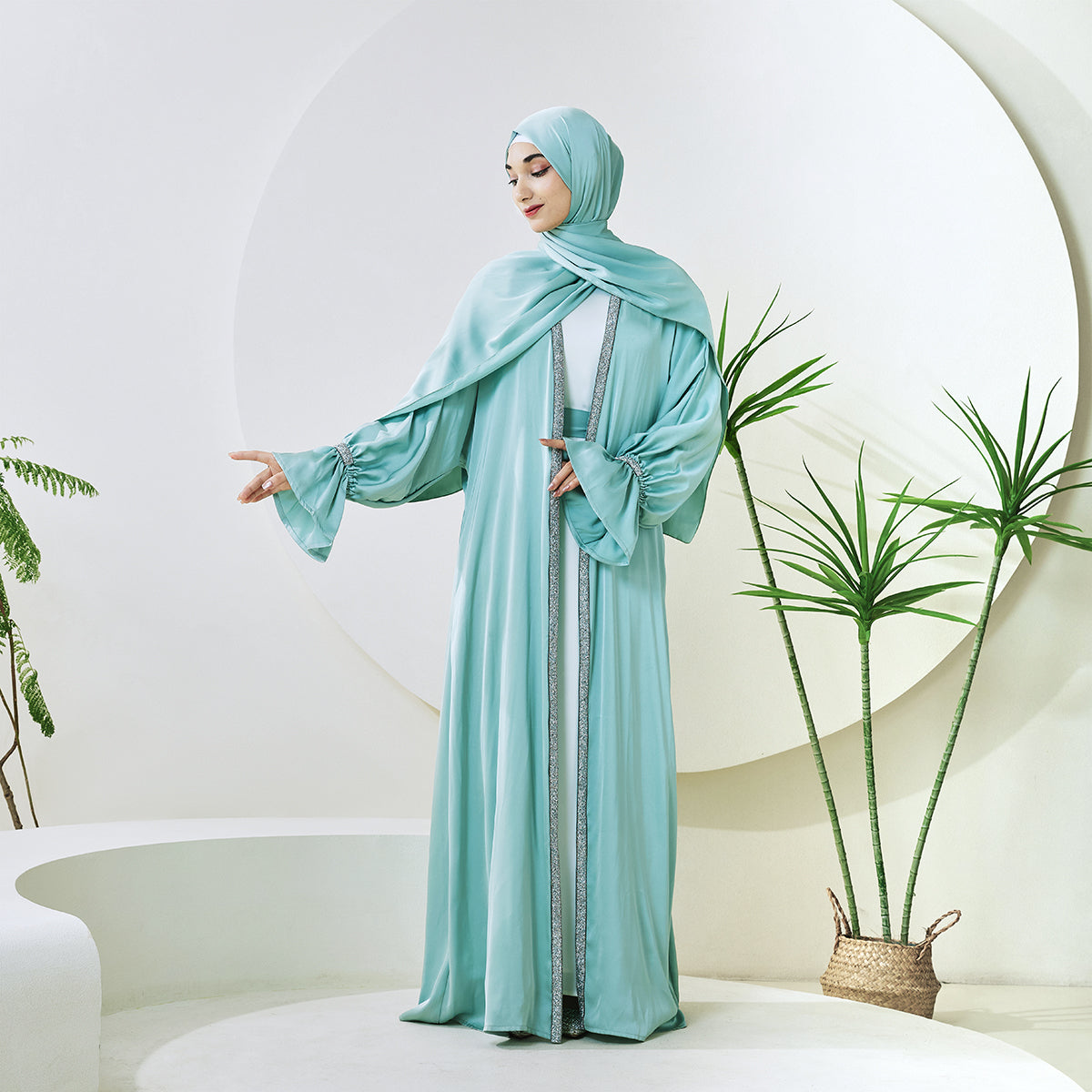 Poet Sleeve Satin Open Abaya With Matching Belt and Hijab(NCS007)