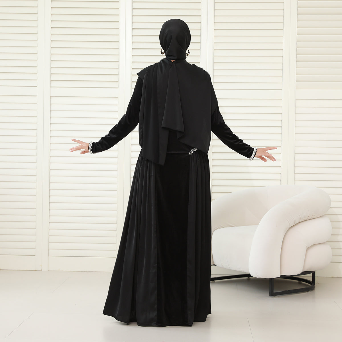 Navy Collar Velvet Satin Abaya Set with Hijab – Fall Modest Fashion (NCS016)