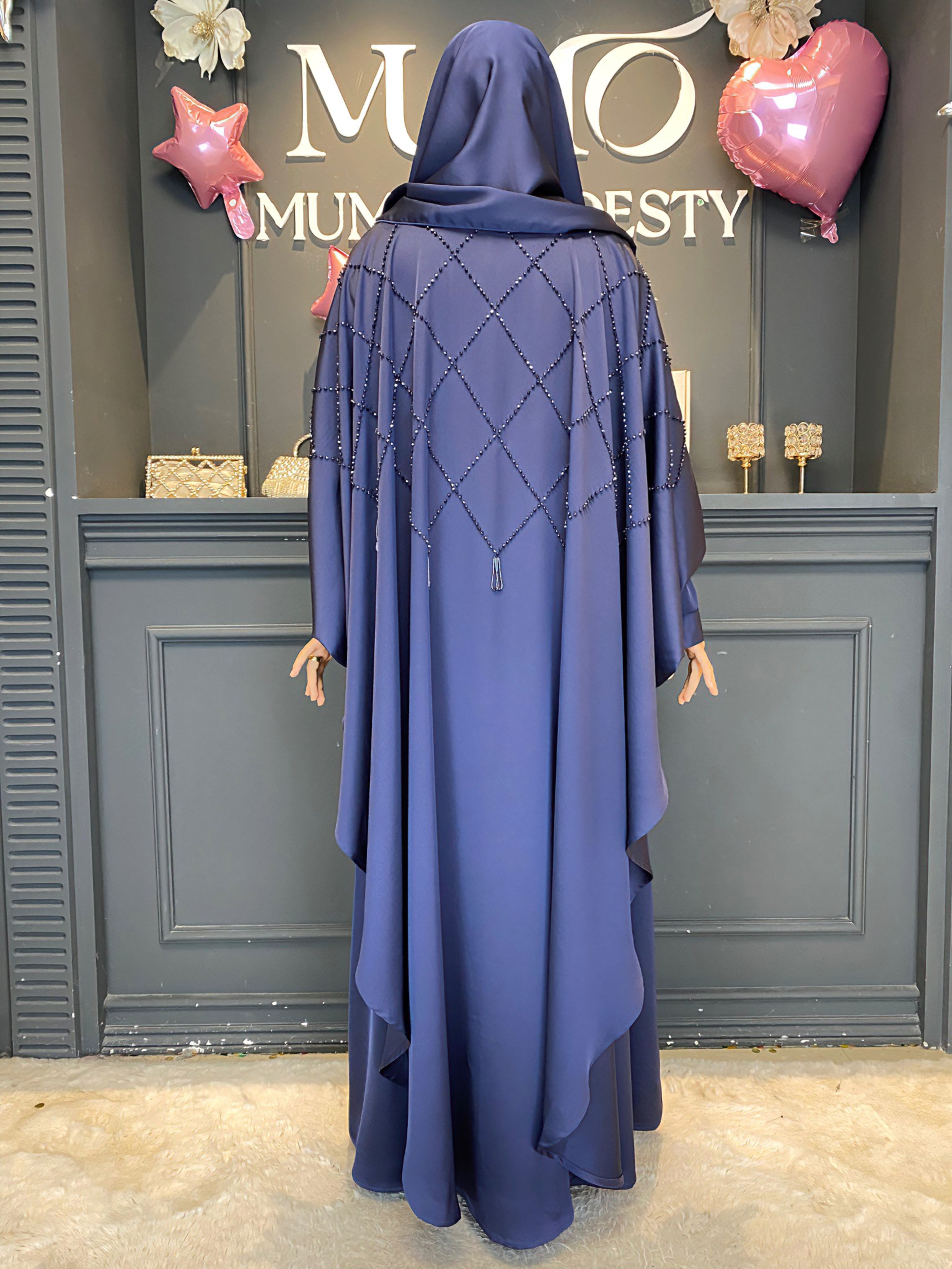 Ramadan 3-Piece Satin Abaya Set – Handmade Beaded Open Abaya with Inner Dress & Hijab (NCS021)