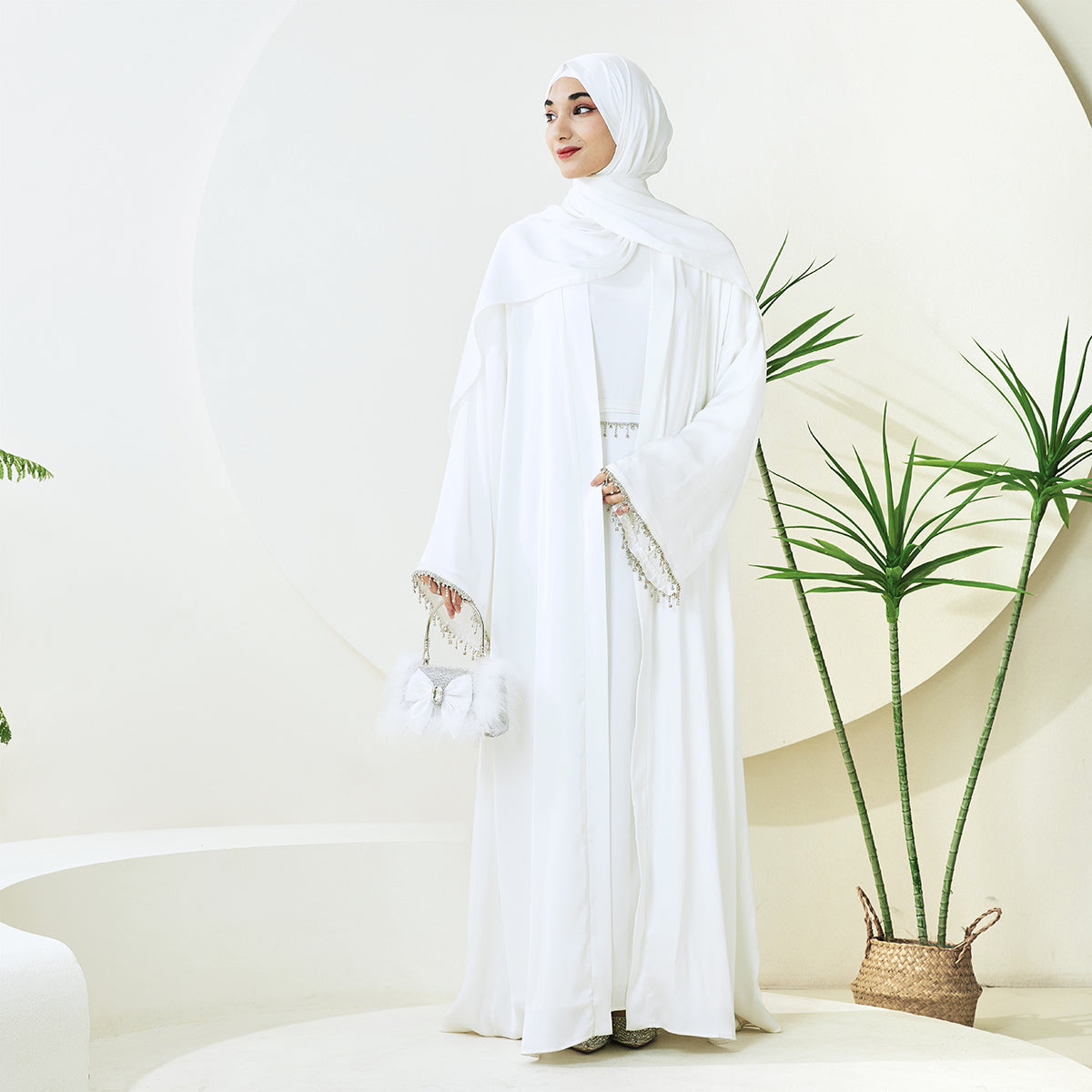 Satin Abaya With Diamond Tassels Belt, 4-Piece Set (NCS004)