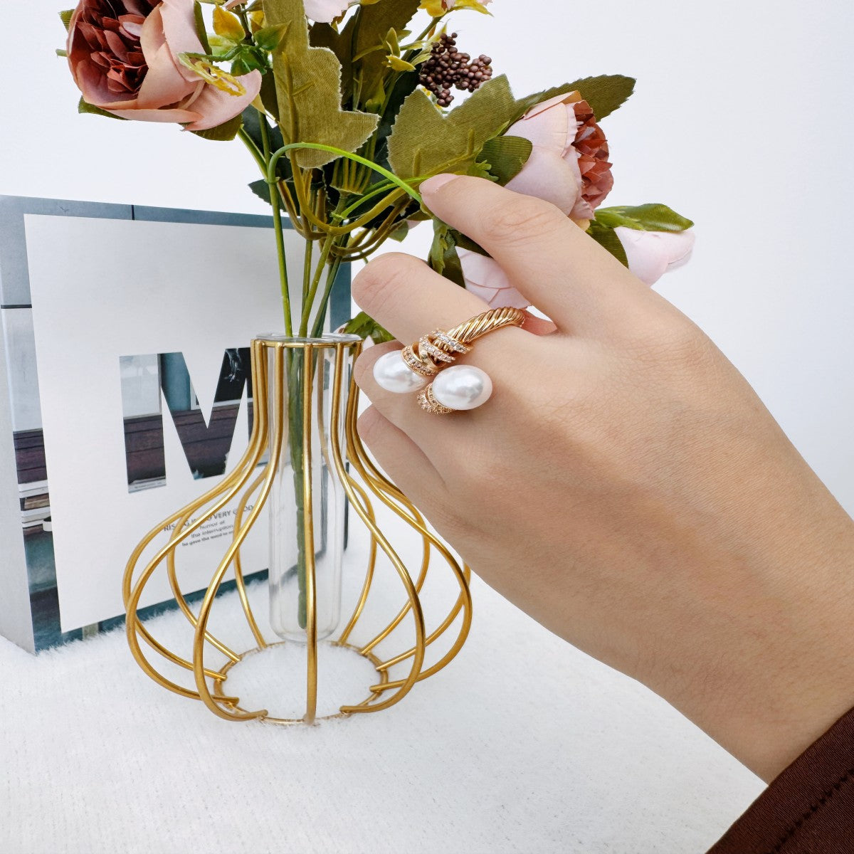 Gold Twisted Rope Ring with Crystal Accents – Adjustable Open Band Ring for Women(NCJ006)