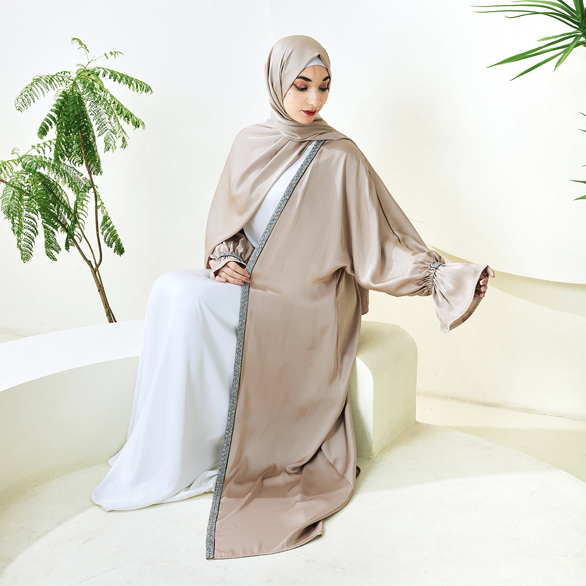 Poet Sleeve Satin Open Abaya With Matching Belt and Hijab(NCS007)