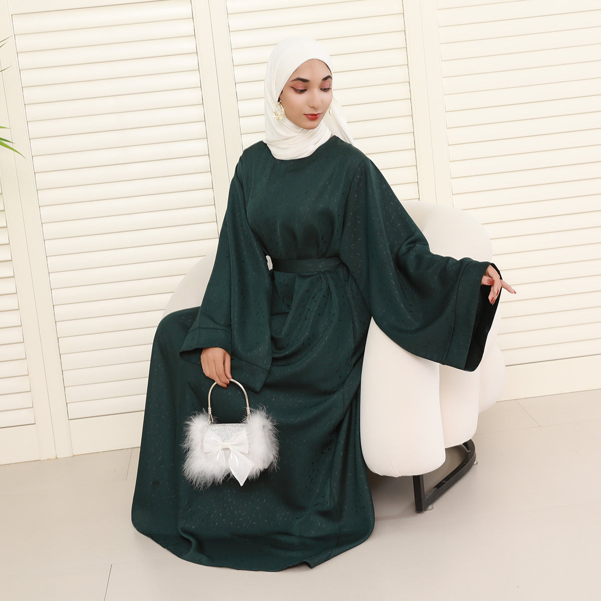 Elegant 3D Jacquard Brocade Belted Maxi Dress Abaya– Luxury Satin Gown for Formal Occasions(NCA019)