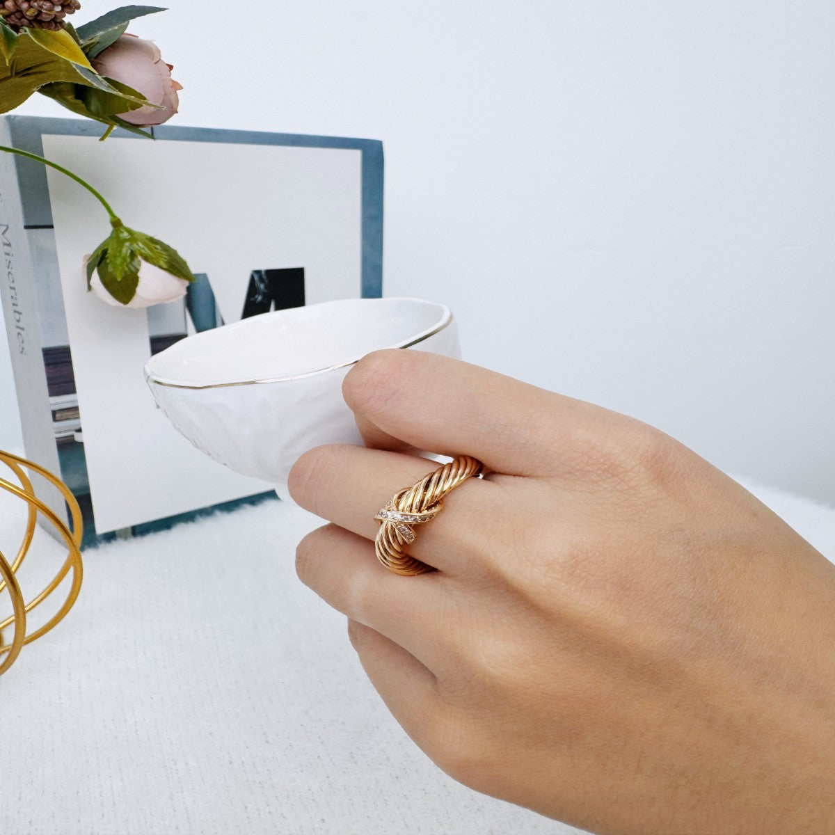 Gold Twisted Rope Ring with Crystal Accents – Adjustable Open Band Ring for Women(NCJ006)