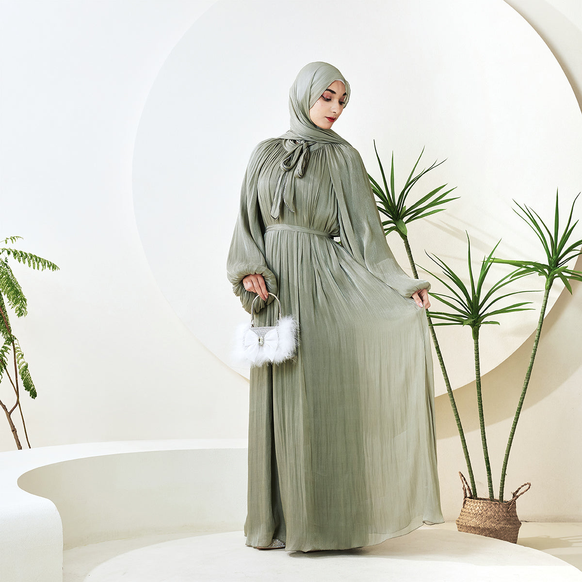Haffafa Armani Satin Abaya Set – Modest Dress with Matching Belt & Hijab(NCS002)