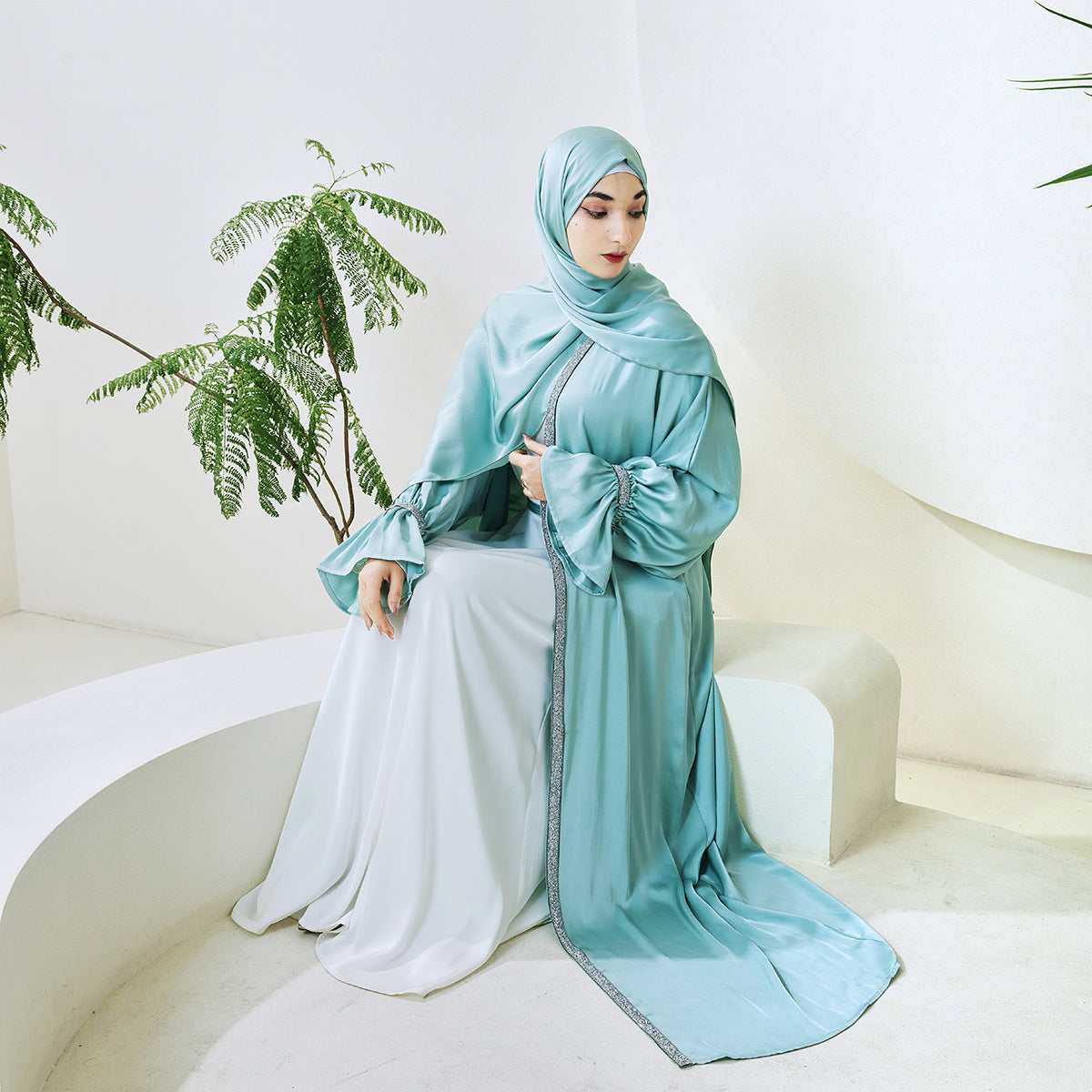 Poet Sleeve Satin Open Abaya With Matching Belt and Hijab(NCS007)