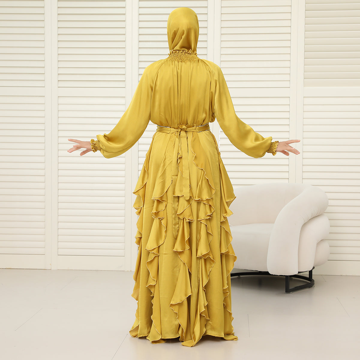 3-Piece Pleated Satin Ruffle Abaya with Crystal Belt & Hijab (NCS015)