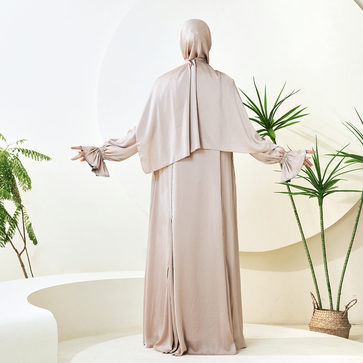 3-Piece Ruffle Sleeve Haiya Abaya Set with Sparkling Rhinestone (NCS006)