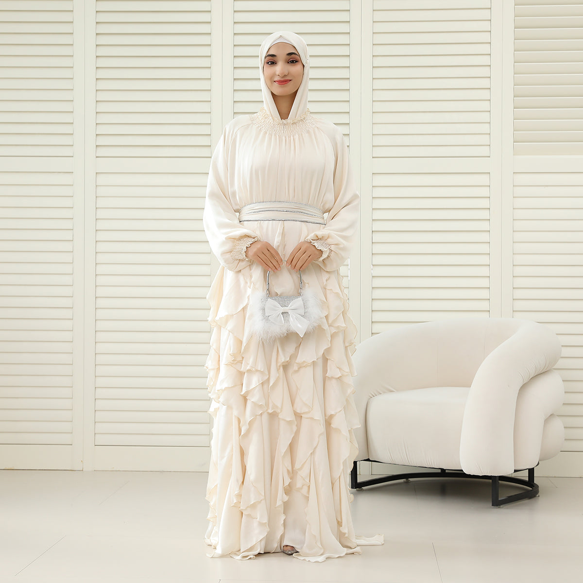 3-Piece Pleated Satin Ruffle Abaya with Crystal Belt & Hijab (NCS015)