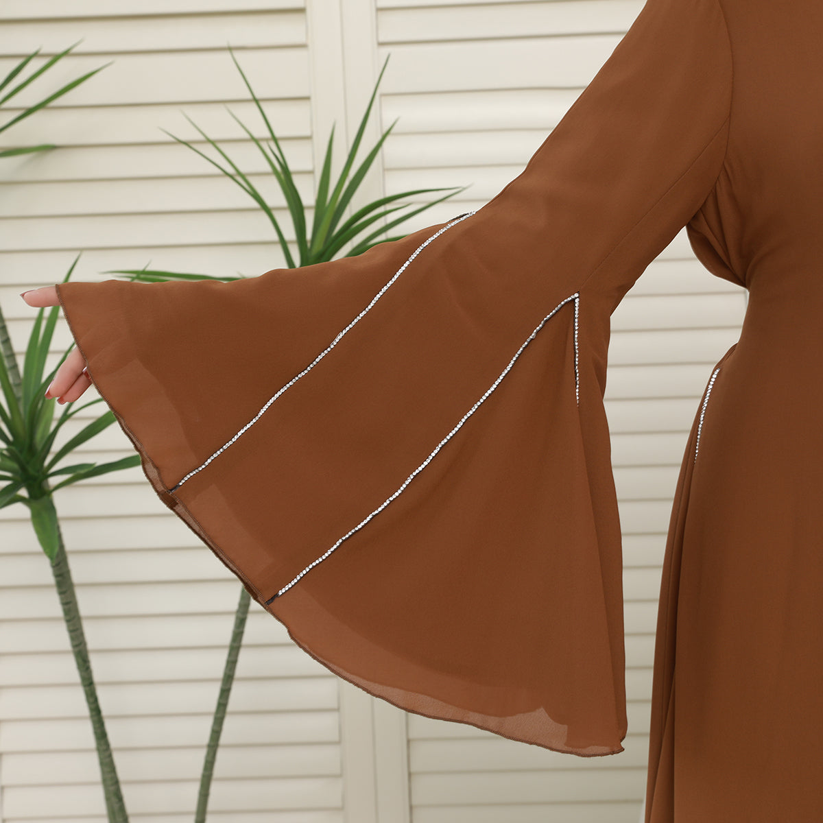 Elegant Bell Sleeve Maxi Abaya with Matching Hijab – Flowing Chiffon with Silver Trim(NCS019)
