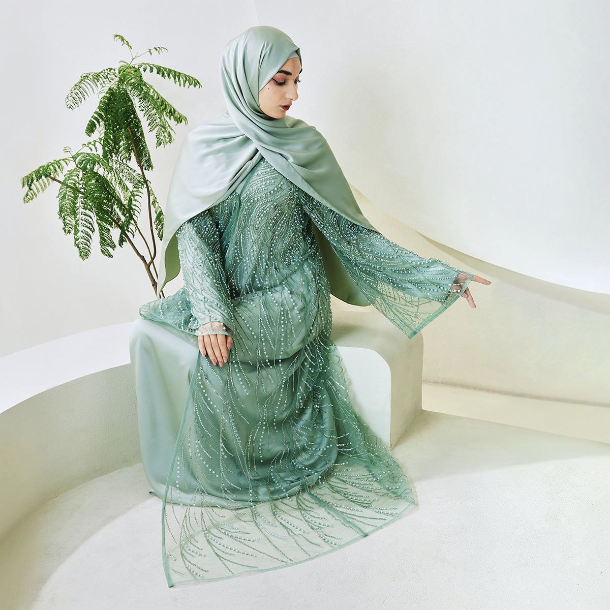 3-Piece Bridal Abaya Set with Pearl‑Embellished Organza Overlay PREORDER(NCS010)