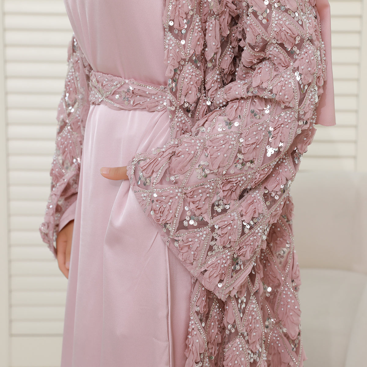 Luxury Bridal-Inspired 4-Piece Abaya Set with Pearl & Crystal Floral Embroidery (NCS017)