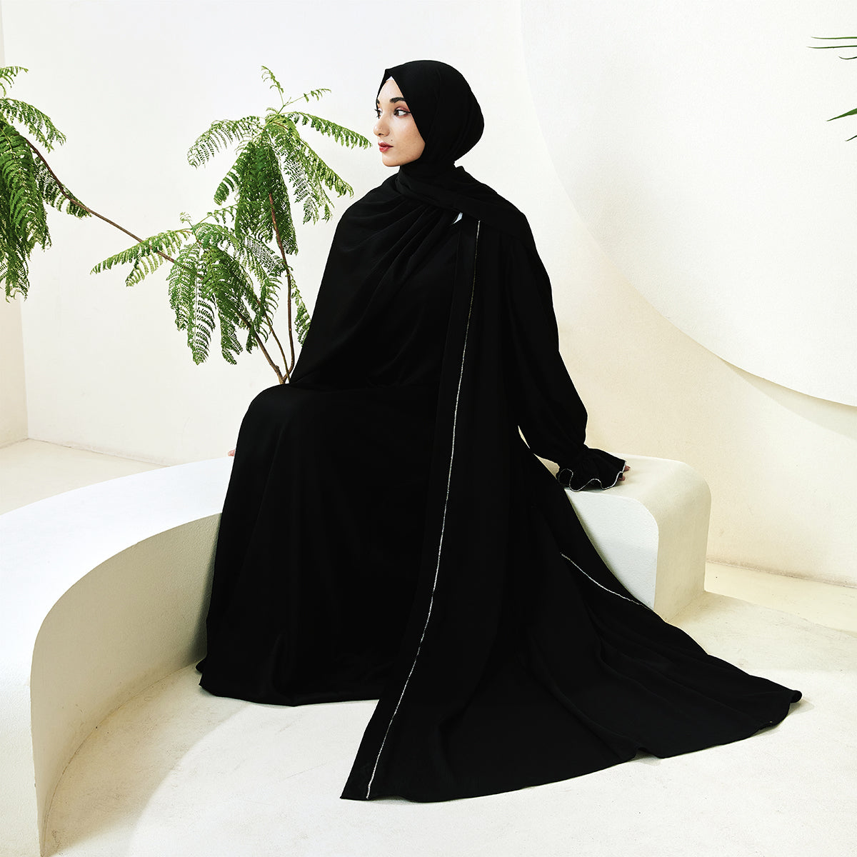 3-Piece Ruffle Sleeve Haiya Abaya Set with Sparkling Rhinestone (NCS006)