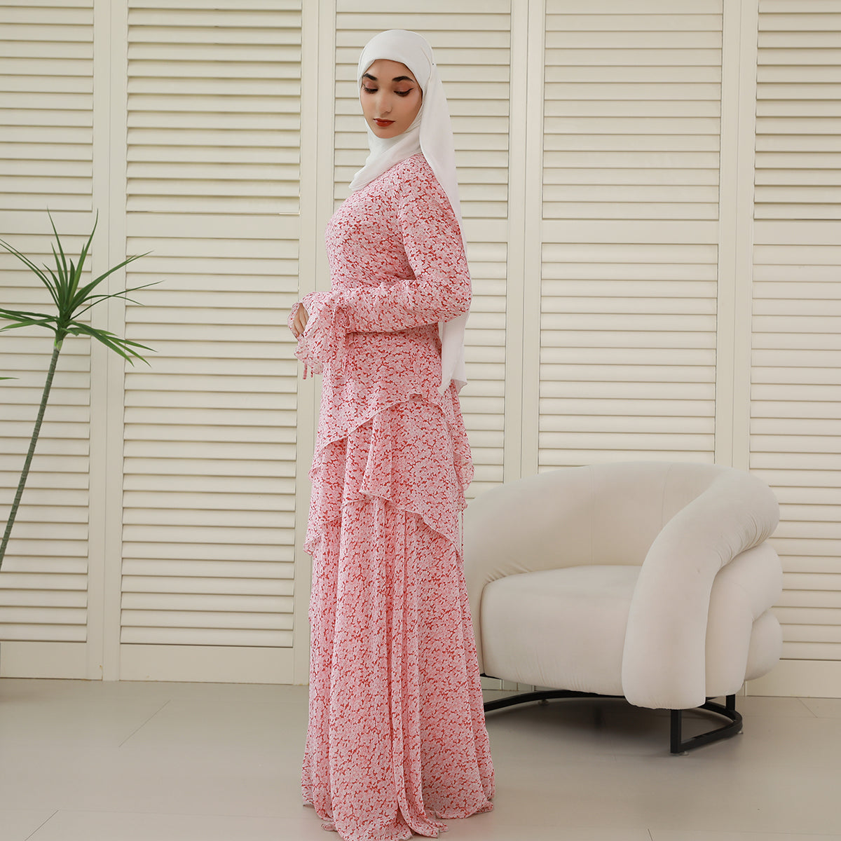 3-Piece Ruffle Chiffon Abaya Set – Top, Skirt & Scrunchie NCA006