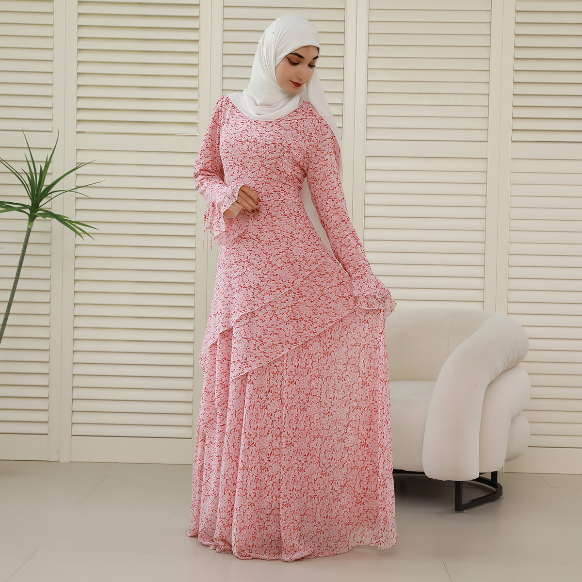 3-Piece Ruffle Chiffon Abaya Set – Top, Skirt & Scrunchie NCA006