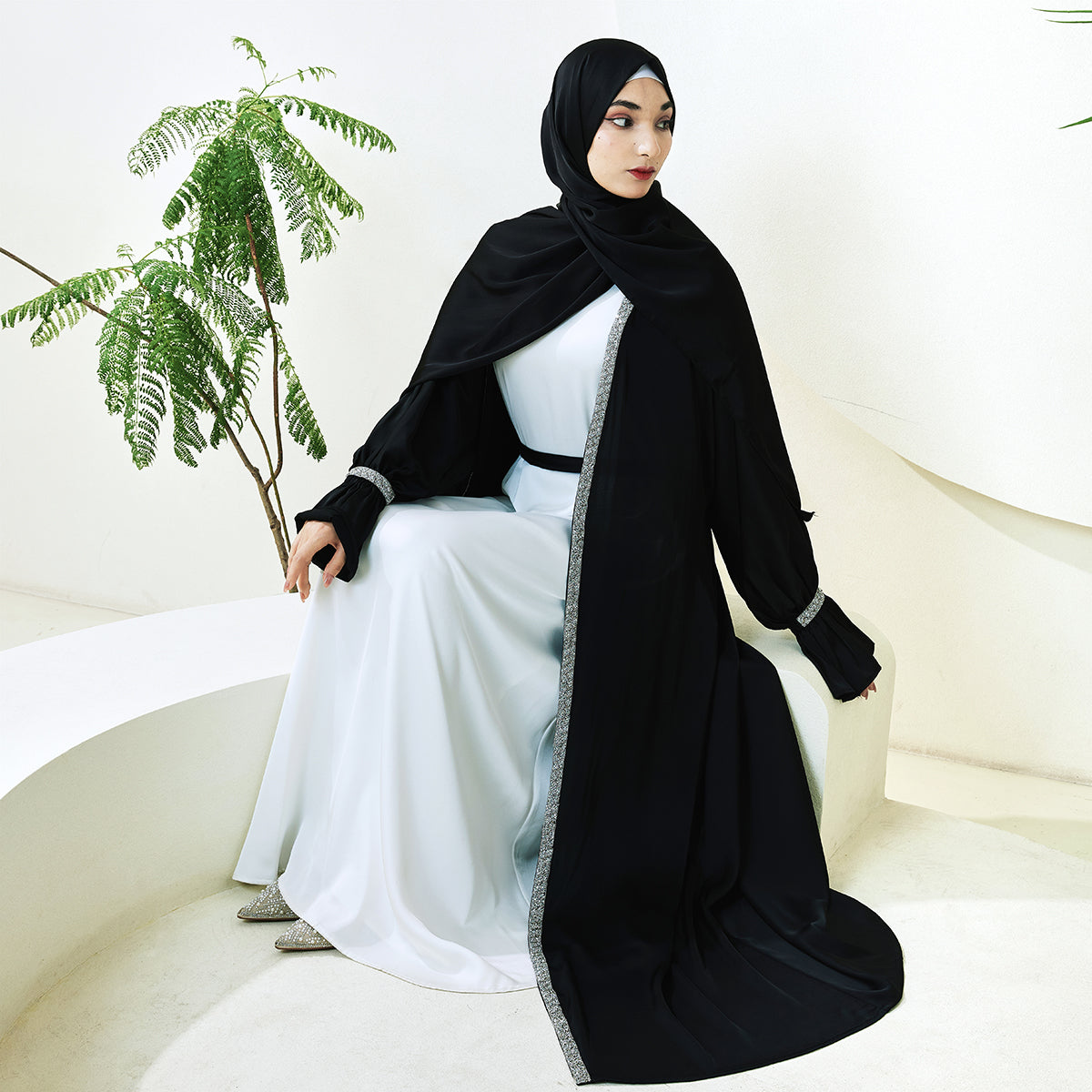 Poet Sleeve Satin Open Abaya With Matching Belt and Hijab(NCS007)
