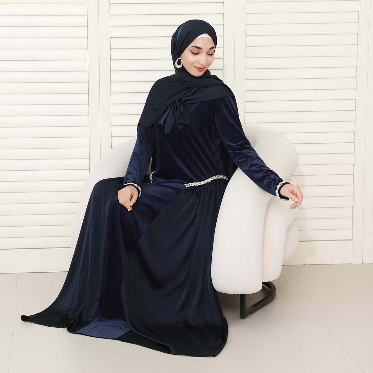 Navy Collar Velvet Satin Abaya Set with Hijab – Fall Modest Fashion (NCS016)