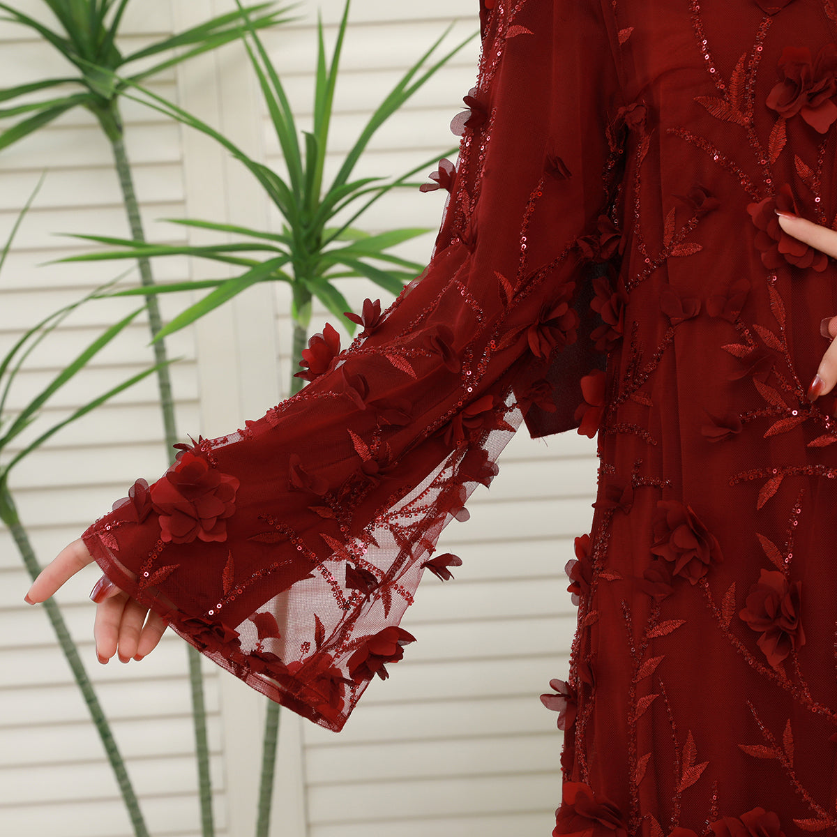 4-Piece 3D Floral Applique Abaya Set with Sheer Overlay – Elegant Occasionwear for Muslim Women-Preorder (NCS012)