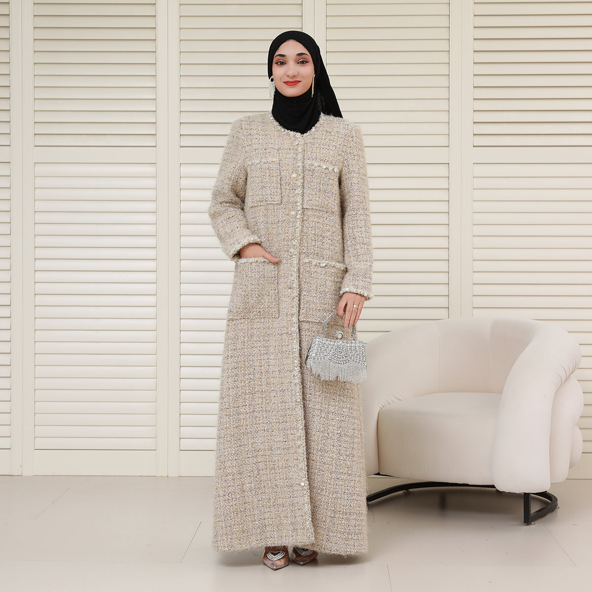 Wool Blend Winter Tweed Abaya Coat with Rhinestone Trim – Elegant Chanel-Inspired Modest Outerwear(NCC001)