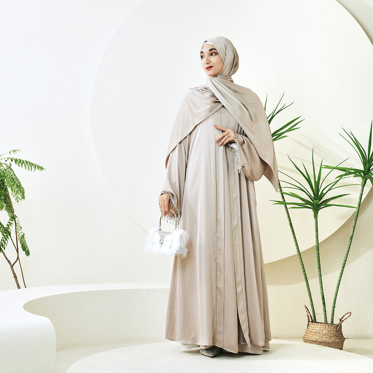 Satin Abaya With Diamond Tassels Belt, 4-Piece Set (NCS004)