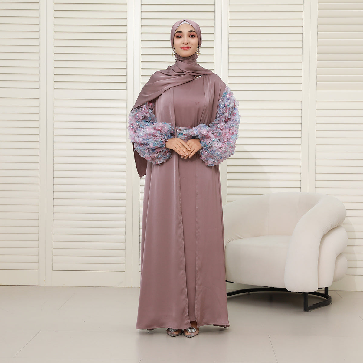 Pastel 3D Floral Sleeve 4-Piece Abaya Set – Elegant Occasionwear Modest Dress (NCS014)