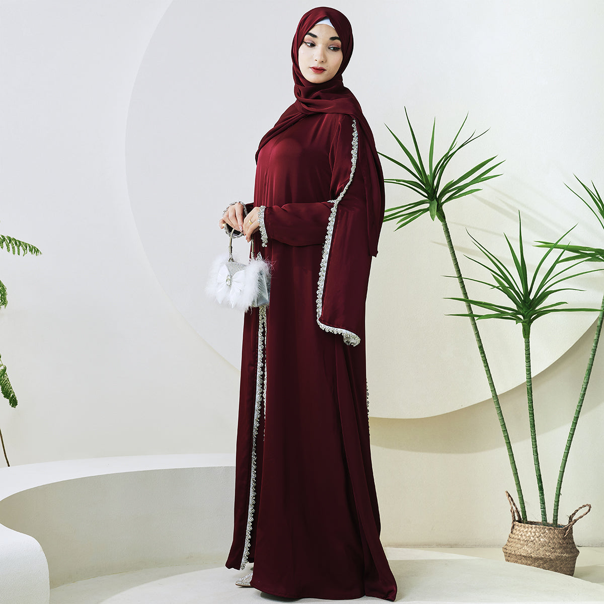 Rhinestone-Trim Inner Dress & Zippered Cape Abaya Set – Pre-Order (NCS011)