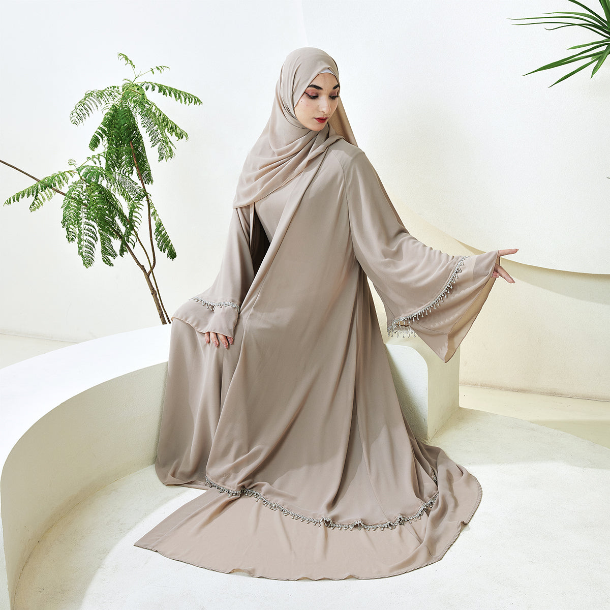 Elegant Chiffon Diamond Tassels Abaya Four - piece Set(NCS001)