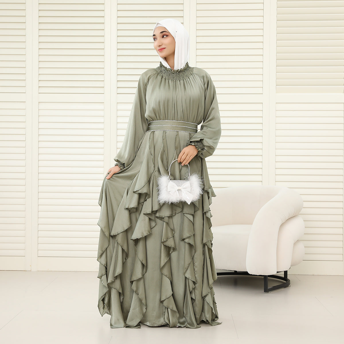 3-Piece Pleated Satin Ruffle Abaya with Crystal Belt & Hijab (NCS015)