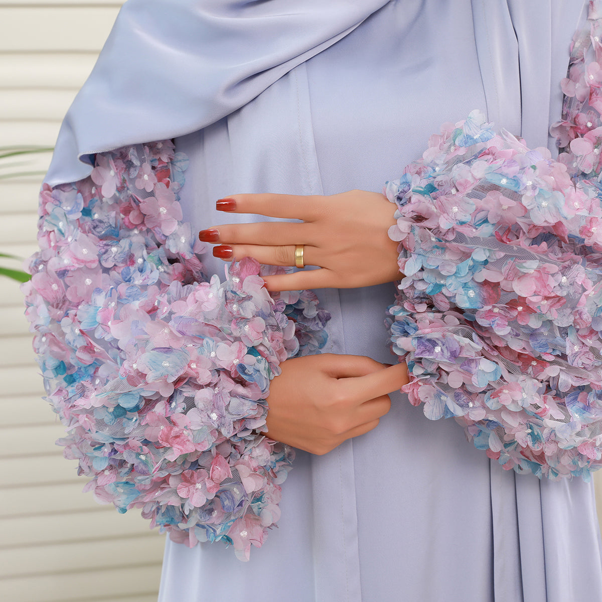 Pastel 3D Floral Sleeve 4-Piece Abaya Set – Elegant Occasionwear Modest Dress (NCS014)