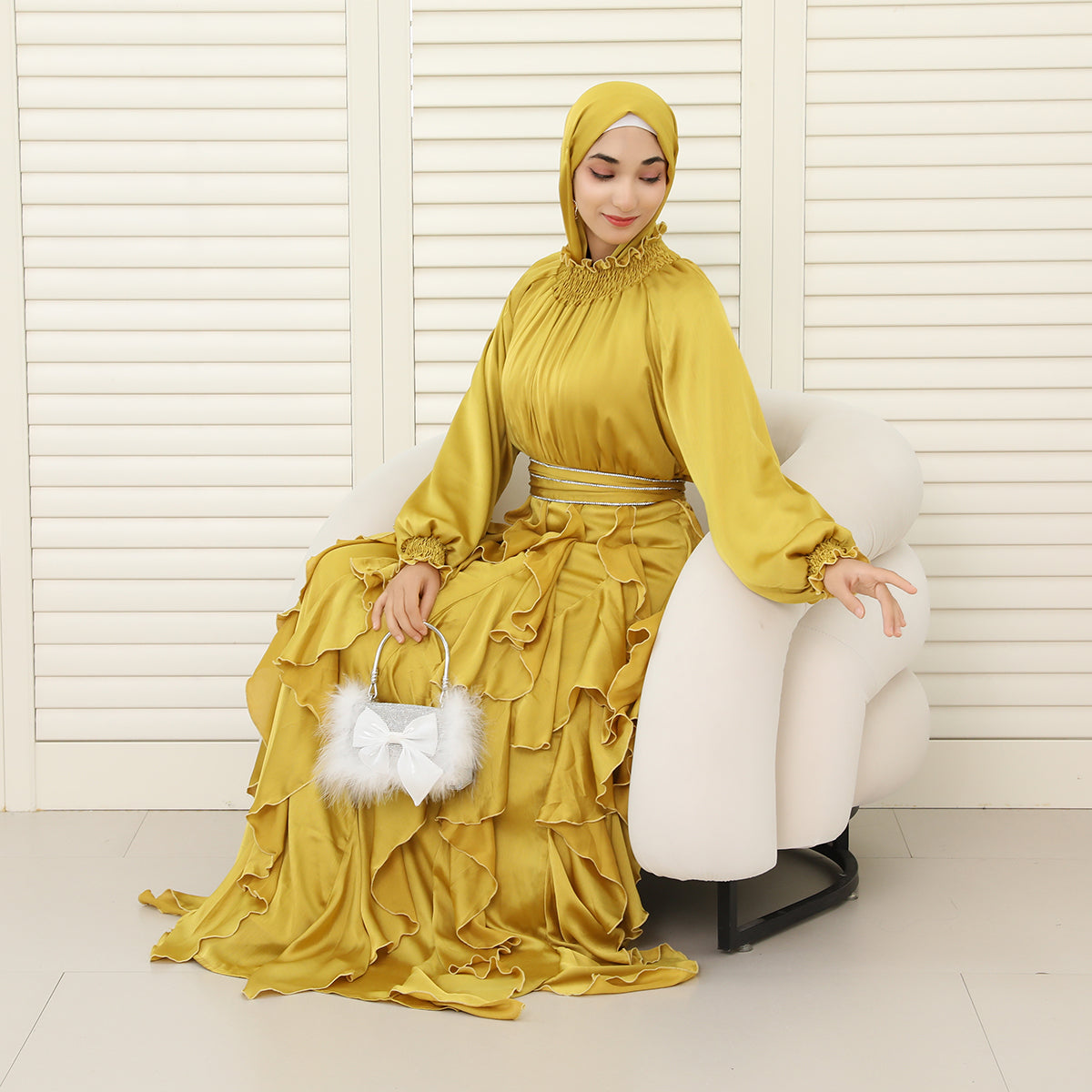 3-Piece Pleated Satin Ruffle Abaya with Crystal Belt & Hijab (NCS015)