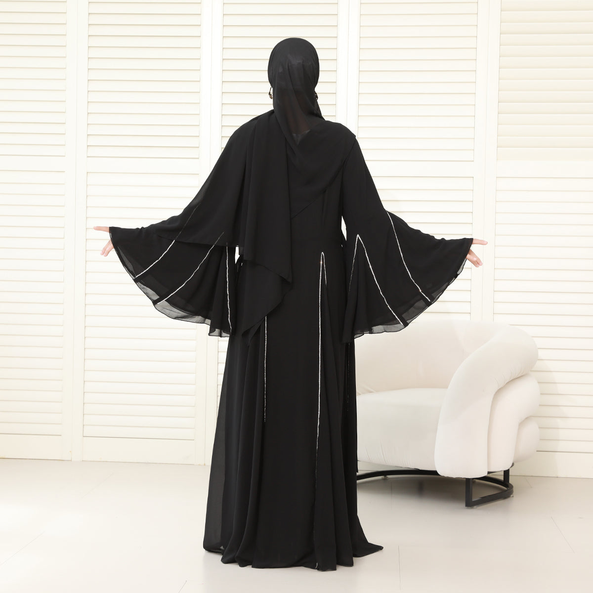 Elegant Bell Sleeve Maxi Abaya with Matching Hijab – Flowing Chiffon with Silver Trim(NCS019)